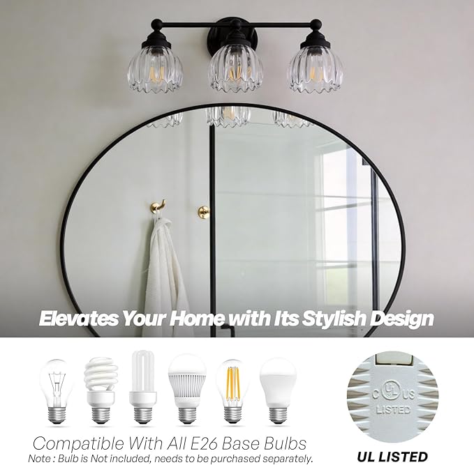 Vintage Triple Arm Tulip Glass Wall Sconce Lighting, 3-Lights Bathroom Vanity Light Fixture for Hallway Bedroom Living Room Bedside Nightstands Lights
