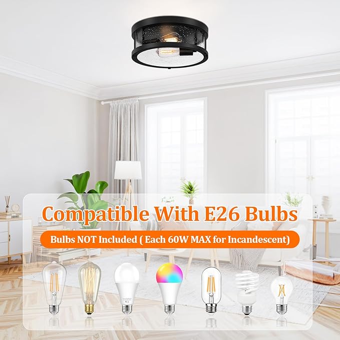 Black Flush Mount Ceiling Light Fixture, Farmhouse Light Fixture with Seeded Glass Lampshade, 2-Light Industrial Close to Ceiling Lighting for Hallway, Kitchen, Entryway, Foyer(Bulb Not Included)