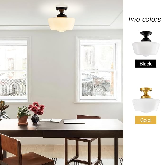 youngrender Black Schoolhouse Light Fixture, 12" Milk Glass Flush Mount Ceiling Light, Black Semi Flush Mount Ceiling Light for Farmhouse Kitchen Hallway Entryway