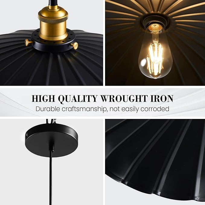 Hanging Light Fixture, Metal Pleated Lampshade Kitchen Island Pendant Lights Black Hanging Light Fixture 15.7 Inch Hanging Pendant Light 6.5Ft Height Adjustable