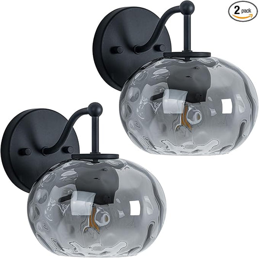 Modern Iridescent Glass Wall Sconce Matte Black Wall Light Set of 2 Hammered Smoked Glass Vanity Light for Bedroom Hallway Living Room Stairwell Bathroom Over Mirror