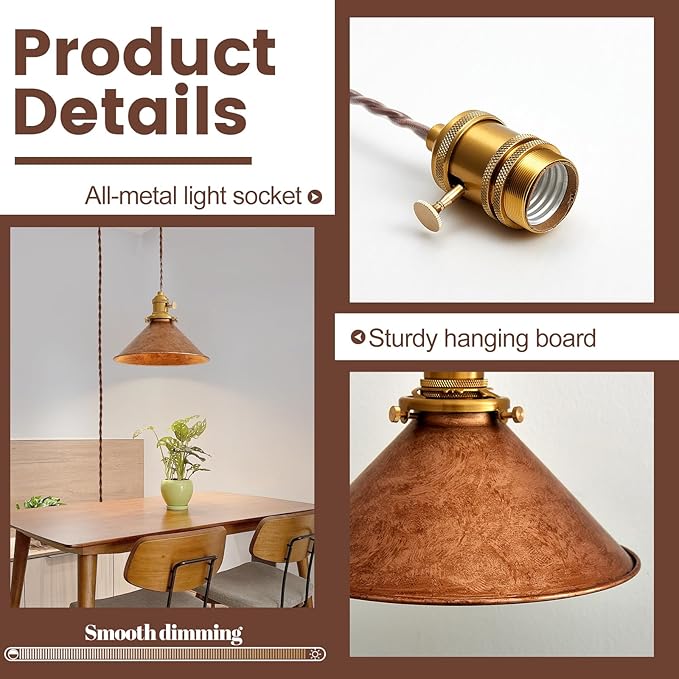 Hanging Light Plug in,Vintage Hanging Lamp Plug in with Rusted Copper 8.2 Inch Shade and Adjustable 14Ft Cord Antique Farmhouse Pendant Light Kitchen Island Bedroom and Sofa