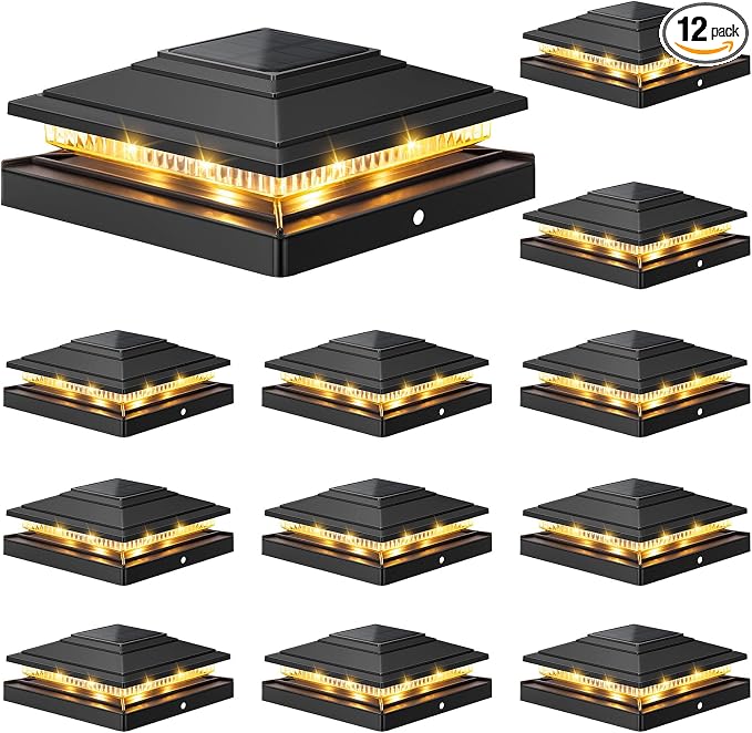 APONUO Solar Post Cap Lights 12-Pack, Black IP64 Waterproof 16 LED Fence Post Solar Lights for 4x4 5x5 6x6 Wood/Vinyl Posts, 2-Mode Deck Post Lights Solar Powered, 10-Hr Lighting for Patio Yard Porch