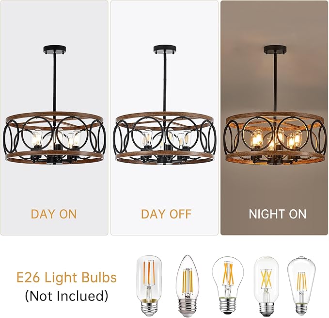 6-Light Farmhouse Drum Pendant Light,19.7'' Nature Wood Texture Vintage Rustic Chandeliers Black Metal Industrial Hanging Light Fixtures for Entryway, Bedroom Dining Room