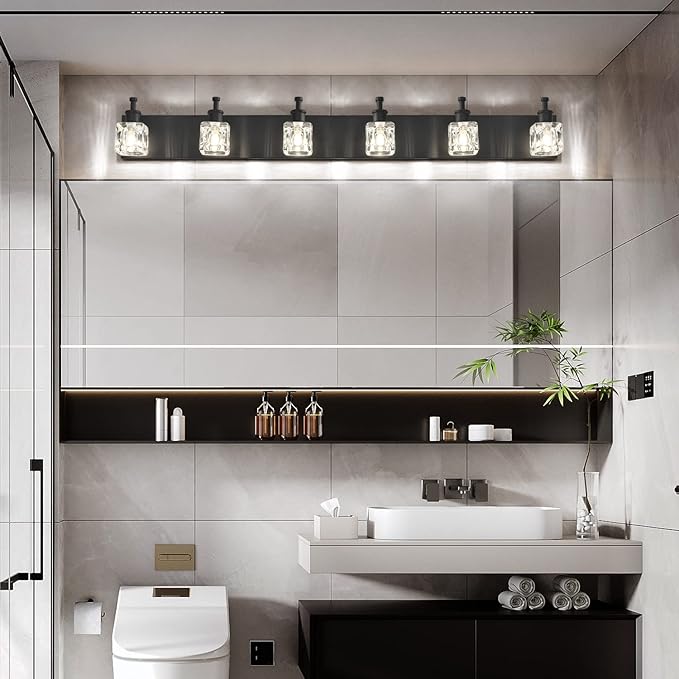 PRESDE Modern Crystal Black 6 Light Vanity Light Fixtures for Bathroom Over Mirror Bathroom Wall Light Fixtures