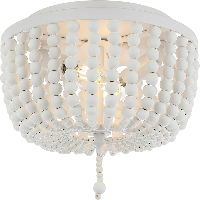 JONATHAN Y 10" White Allison 2-Light LED Flush Mount Ceiling Light for Bedroom, Wood Beaded Shade Shabby Chic Farmhouse Rustic Decor, LED Bulbs Included (JYL9074D)