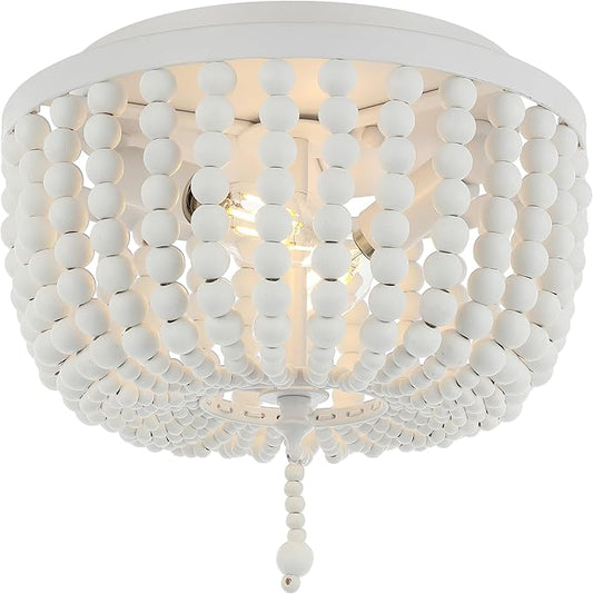 JONATHAN Y 10" White Allison 2-Light LED Flush Mount Ceiling Light for Bedroom, Wood Beaded Shade Shabby Chic Farmhouse Rustic Decor, LED Bulbs Included (JYL9074D)
