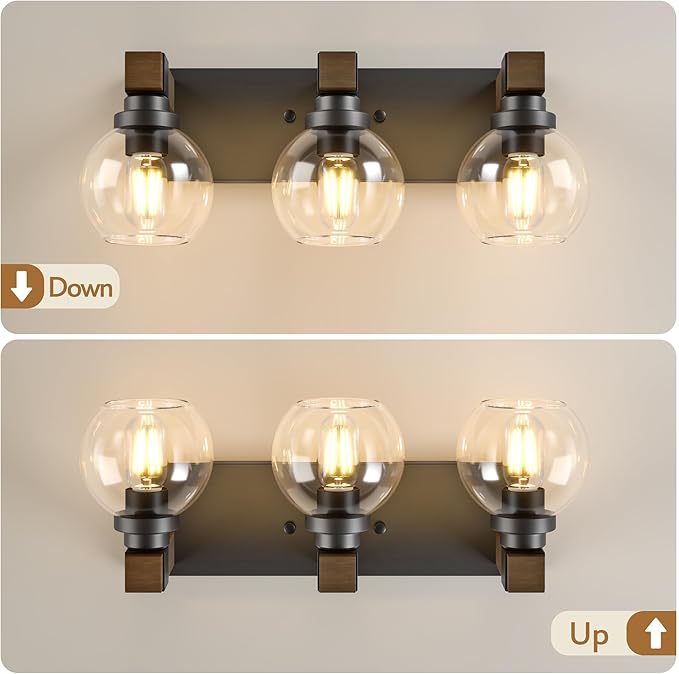 Farmhouse Bathroom Vanity Light Fixtures, 3-Light Wood Bathroom Light Fixtures Over Mirror, Rustic Vanity Lighting with Glass Shade for Living Room, Bedroom, Hallway