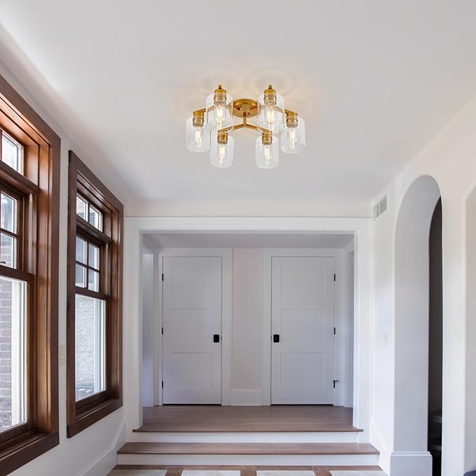 Gold Kitchen Lighting Fixtures Ceiling Dining Room Light Fixtures Brass Kitchen Ceiling Light Fixture Large Chandelier for Living Room Semi Flush Mount with Clear Glass Shade