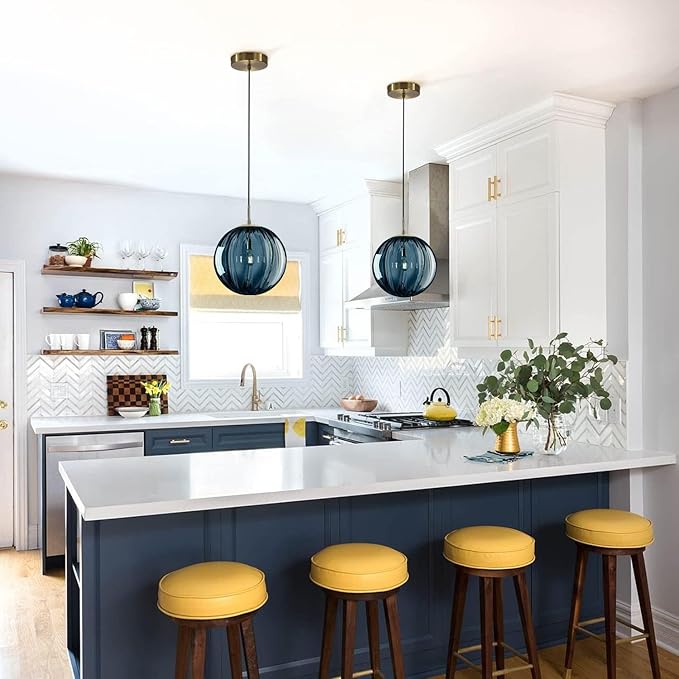 KCO Lighting Modern Large Globe Pendant Light 1-Light Single Blue Glass Pendant Lighting Kitchen Island Vintage Ribbed Glass Pendant Light Contemporary Gold Hanging Light Fixture (9.8”)