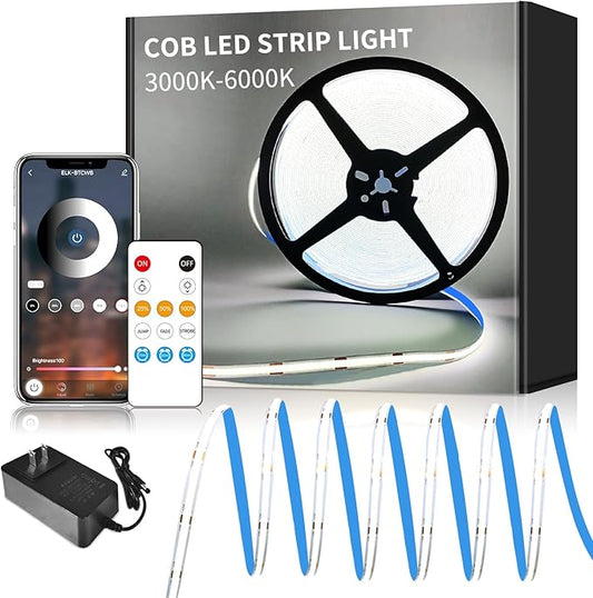 16.4ft COB LED Strip Lights White Dimmable DC 24V 6000K Flexible LED Tape Light for Bedroom, with Remote and app Control LED Tape Lights ，for DIY Home Decoration