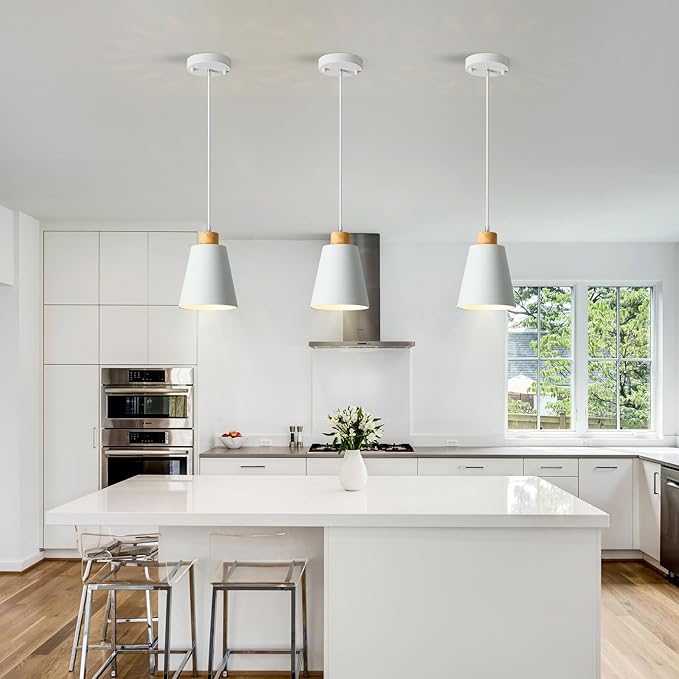 3 Pack Mini White Pendant Light Kitchen Island Modern Wood Pendant Lighting Cone Hanging Lights Hollow Top Nordic Island Light for Counter, Bar, Hallway