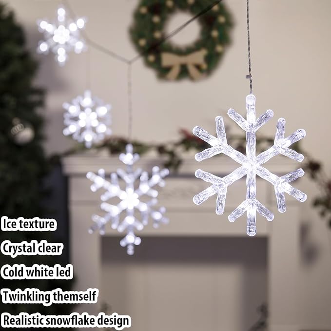 Christmas Snowflake Lights with 10 Drops, 9ft 150 LED Twinkling Cool White Icicle Christmas Lights, Waterproof Connectable Hanging for Indoor Outdoor Eaves Window Curtain Porch Xmas Décoration
