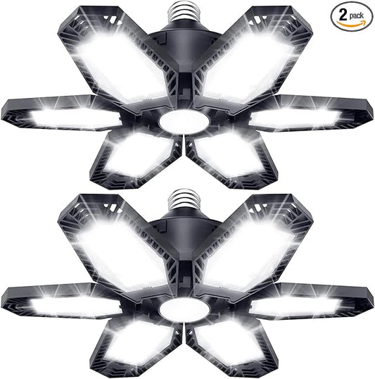 TANBABY 2 Pack LED Garage Lights, 150W Deformable Garage Light Bulb, Total 30000LM 6500K Daylight, 6+1 Adjustable Panels, E26/E27 Screw-in Ceiling Light for Basement, Gift for Men