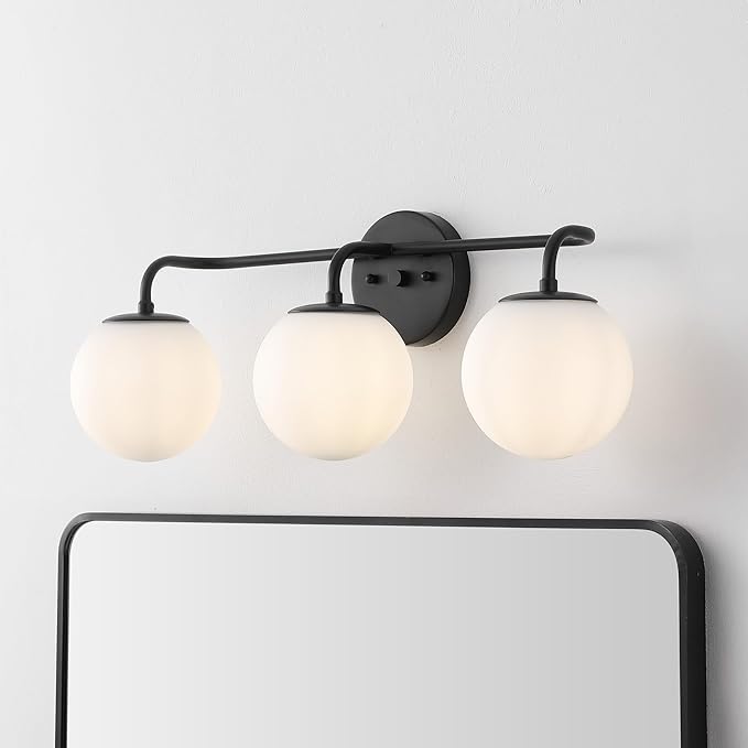 JONATHAN Y 25" Black Modern Globe Wall Sconce Vanity Light for Bathroom, White Frosted Glass Shade, Midcentury Parisian Bistro Wall Lamp, LED Bulb Included (JYL3536B)
