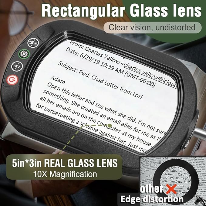Veemagni 10X Magnifying Glass with Light and Stand, Rectangle Real Glass, 5 Color Modes Dimmable 2-in-1 LED Lighted Desk Lamp & Clamp, Hands Free Magnifier for Reading Craft Repair Painting Close Work