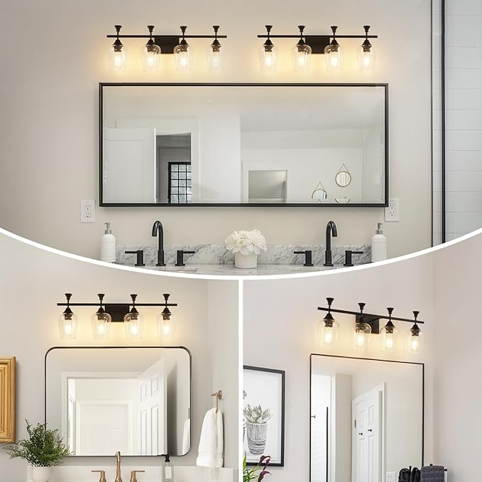 Bathroom Light Fixtures (4-Light, 29 Inch), Matte Black Vanity Lights for Bathroom with Clear Wine Glass Glass Shade, Modern Vanity Wall Lights for Mirror Bedroom Living Room Kitchen Hallway Porch
