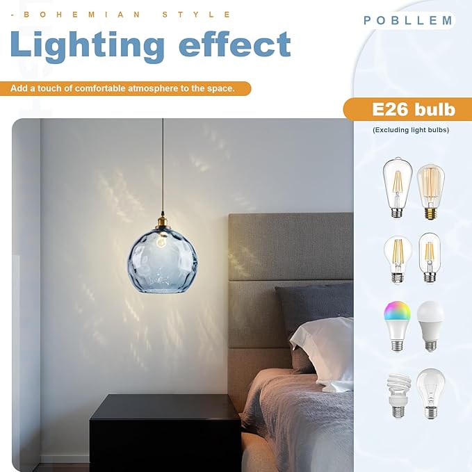 Blue Glass Hanging Light Plug in, 13.8" Large Globe Plug in Ceiling Pendant Light with Hammered Shade, Vintage Gold 1-Light Chandelier Pendant Hanging Lamps for Kitchen Dining Living Room