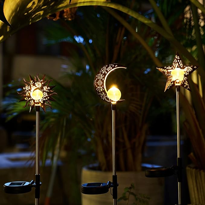 Solar Garden Stake Lights, Moon Sun Star Yard Decorations Outdoor 3 Pack Solar Garden Decor for Lawn, Pathway, Flower Bed, Memorial Garden, Patio Outdoor Gifts for Mom, Loved Ones