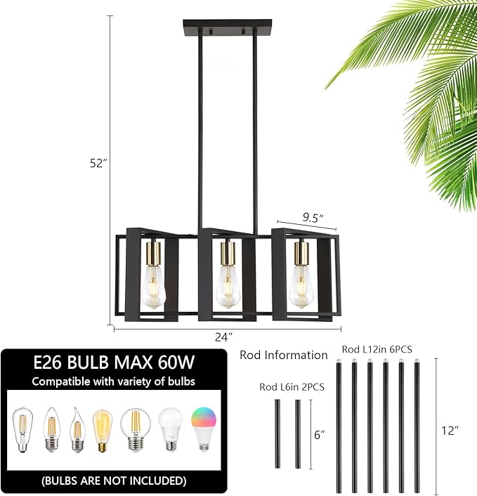 23.6" Island Lighting,3 Lights Dining Room Chandelier, Linear Kitchen Island Lighting for Pool Table Living Room, Foyer Hallway,E26, Black Wood Frame