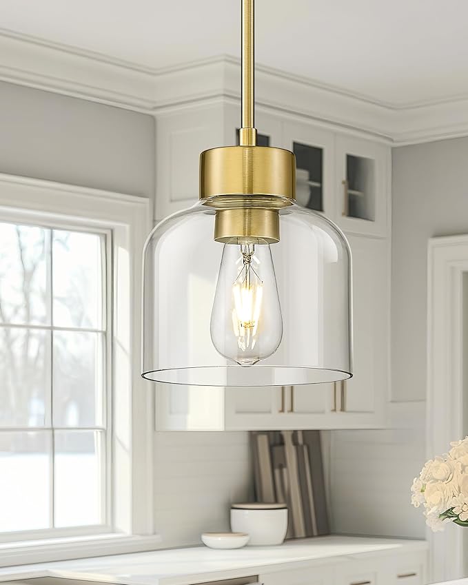 Gold Pendant Lights Kitchen Island, 7" Hanging Lights Fixtures with Clear Glass Shade, Modern Brass Kitchen Pendant Lighting Over Island for Dining Room, AD-24024-1P-GD