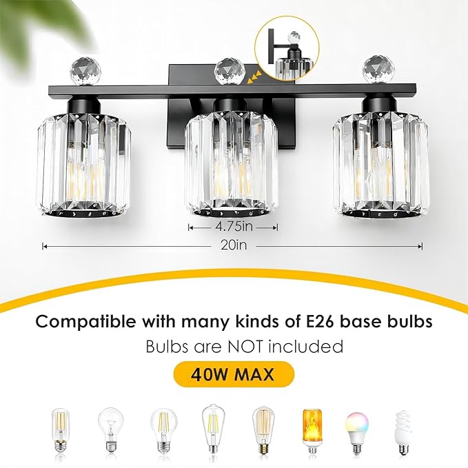 3-Light Black Modern K9 Crystal Vanity Lights, Black Bathroom Light Fixtures Stainless Steel Crystal Vanity Light Fixture