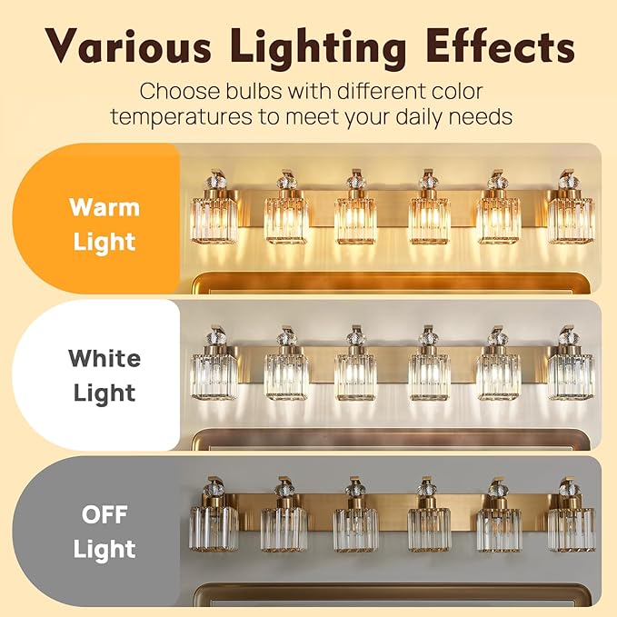 Modern Bathroom Vanity Light, 6-Light Gold Bathroom Lighting Fixtures Over Mirror, 44.1" Crystal Wall Light Sconce for Bathroom/Bedroom/Vanity, Includes LED Bulbs, Easy Installation
