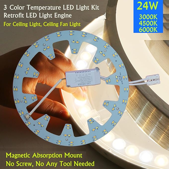 24W 3 Color Temperature LED Flush Mount Ceiling Fan Light Kit Replacement LED Light Board Panel,Retrofit LED Light Engine