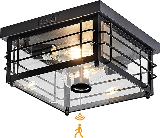 Yisuro Outdoor Ceiling Light with Motion Sensor Flush Mount Farm House Porch Light Ceiling Mount Adjustable 3 Modes Squares for Patio,Porch,Garage (Black-Square)