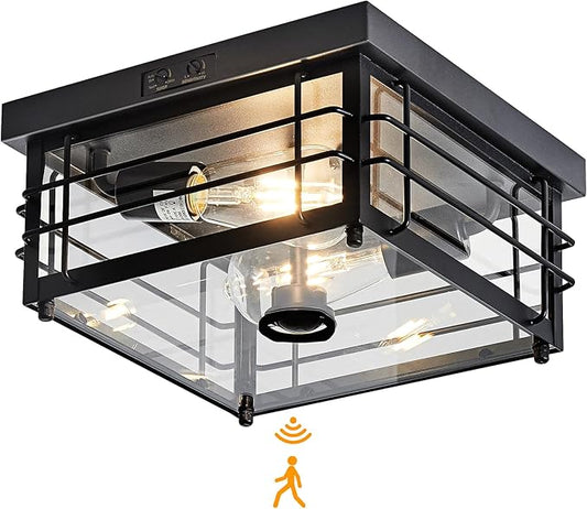 Yisuro Outdoor Ceiling Light with Motion Sensor Flush Mount Farm House Porch Light Ceiling Mount Adjustable 3 Modes Squares for Patio,Porch,Garage (Black-Square)