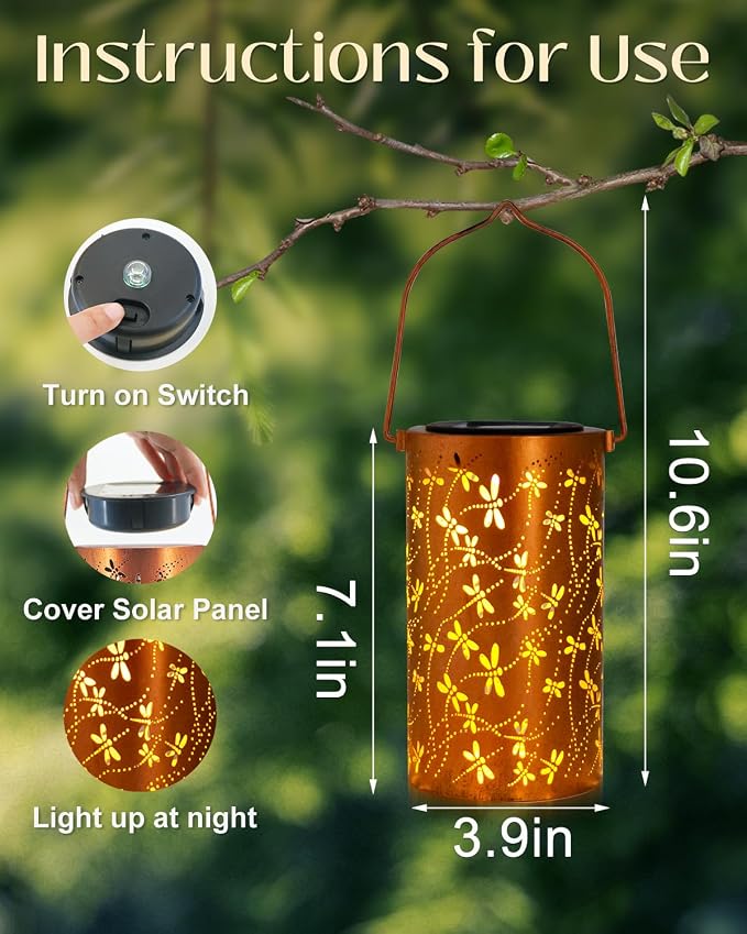 DIBIEECN Birthday Gifts for Women Mom Grandma Wife, Solar Lanterns Outdoor Waterproof, Metal Hanging Lights Garden Decor, LED Decorative Lantern for Patio Porch Backyard, Dragonfly, 2Pack
