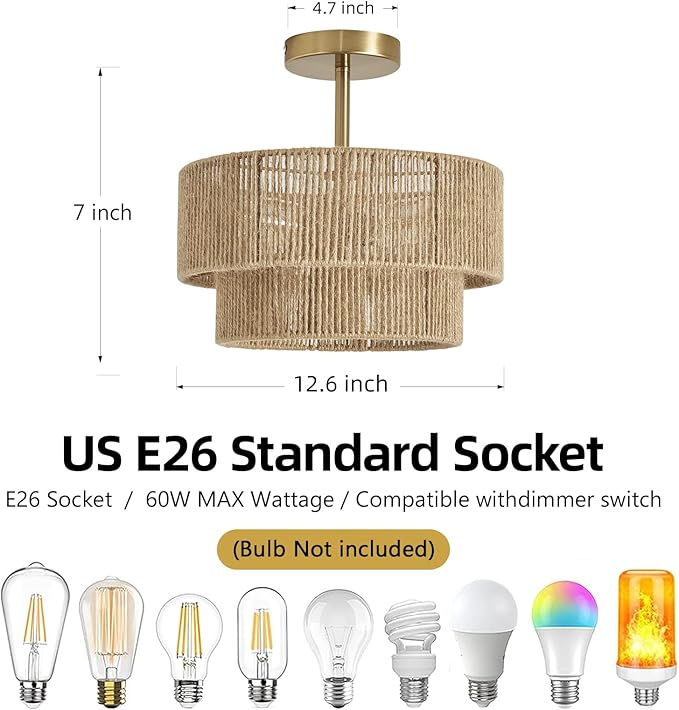 Boho Semi Flush Mount Ceiling Light Gold Rattan Ceiling Light 12.6" Farmhouse Ceiling Lamp with Natural Hemp Rope Lampshade for Dining Room Living Room Bedroom Kitchen