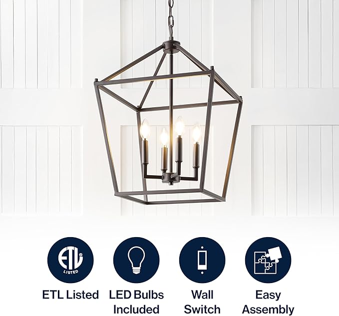 JONATHAN Y 16" Oil Rubbed Bronze Lantern Pendant Light, 4-Light Pagoda Style Metal Cage Farmhouse Hanging Ceiling Fixture for Kitchen Island, LED Bulb Included (JYL7437A)