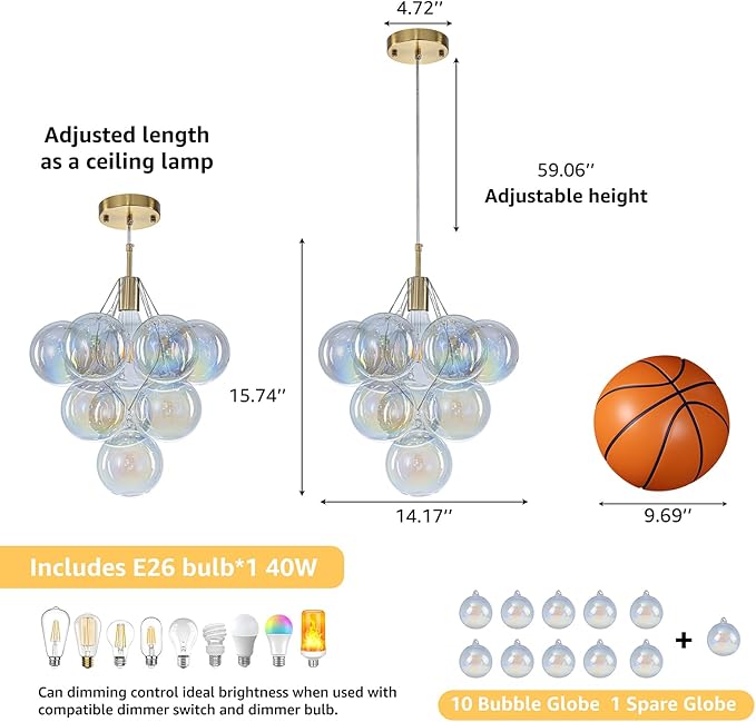 GoYeel Dining Room Light Fixtures Gold 14.17", Colorful Bubble Chandelier Modern Glass Ceiling Light for Hallway Entryway Foyer Bedroom Kitchen, with 10 Chromatic Globes, Include E26 Bulb