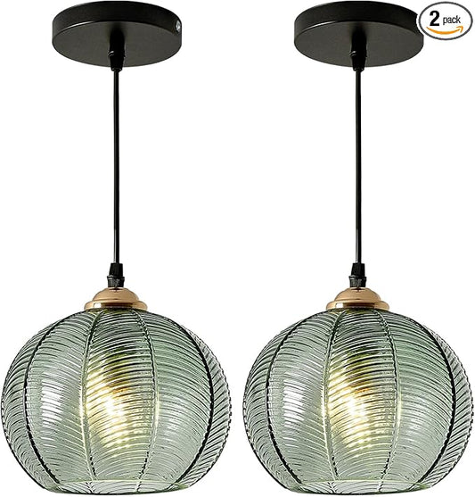 Mid Century Pendant Lamp Green Glass Ceiling Hanging Lamp, Classic Green Glass Globe Shade, Black Pendant Light Fixtures for Kitchen Island Dining Room Bedroom, Set of 2