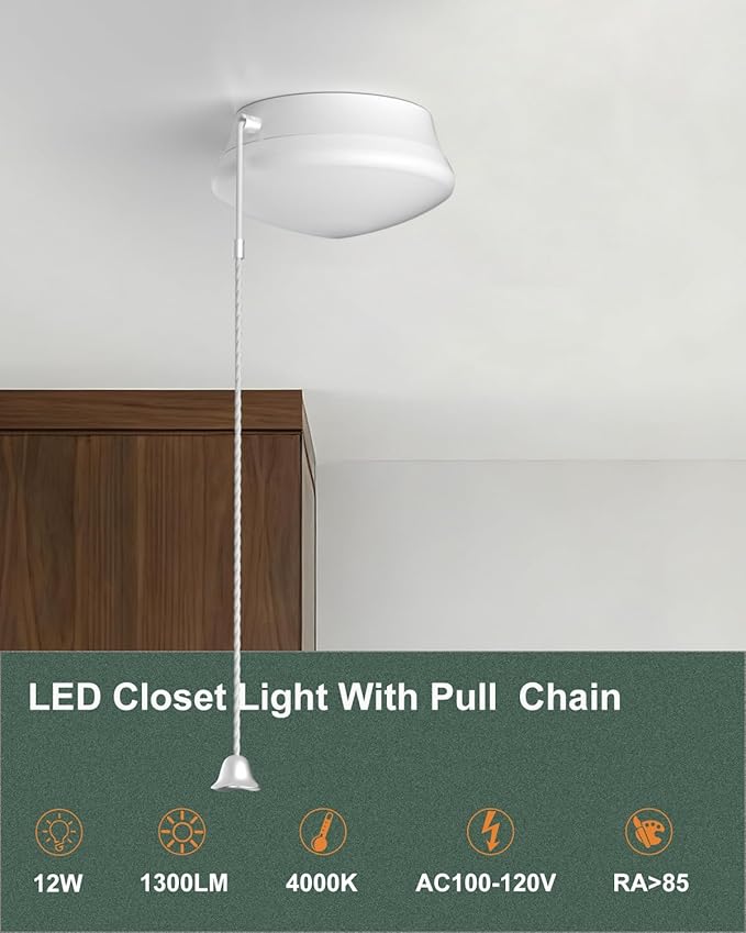 Flush Mount Ceiling Light with Pull Chain Surface Mount LED Light Fixture for Closet, 7 inch 12W 1300lm 125W Equivalent Pull String Light Fixture Ceiling Mount for Laundry, Bedroom, Hallway-2Pack