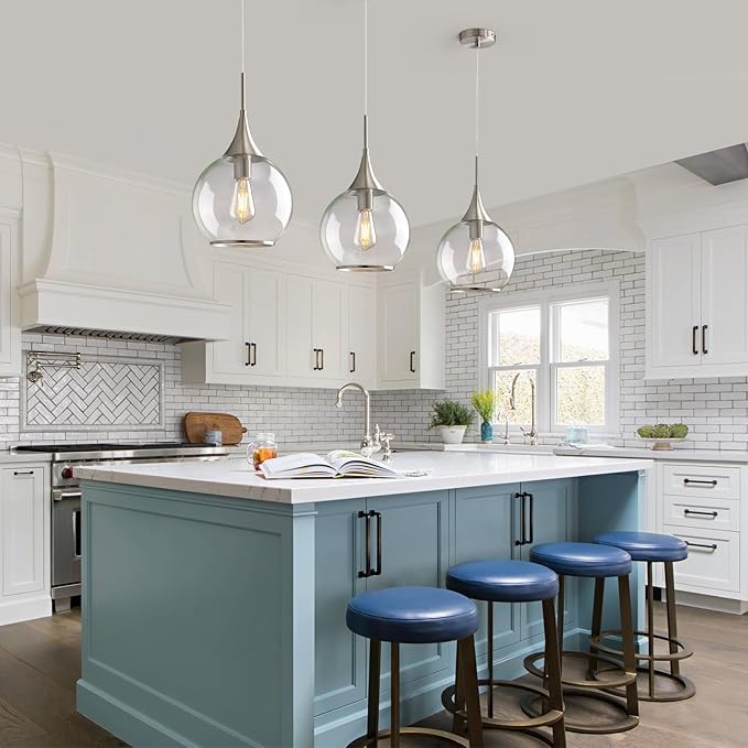 Pendant Lights Kitchen Island: Brushed Nickel Light Fixture Farmhouse with Clear Glass - 10 Inch Mid Century Globe Kitchen Lighting Fixtures Ceiling for Hallway
