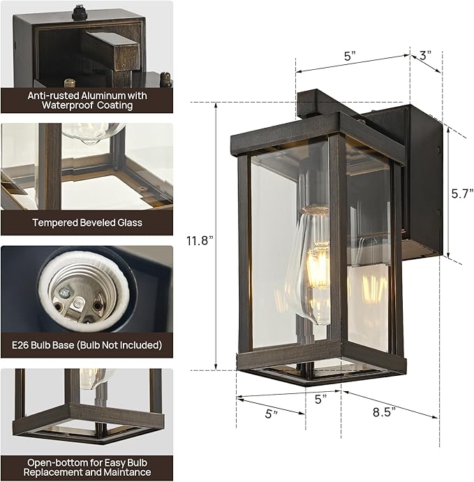 Dusk to Dawn Porch Lights with GFCI Outlets Waterproof Outdoor Wall Lights Exterior Lighting Fixtures Modern Outside Lights Wall Mount for House Patio Garage,Gold Brown,11.8''H,1PC