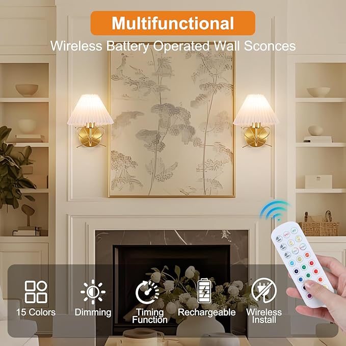 ADISUN Modern Wall Sconce Set of Two, Battery Operated Wall Sconce Remote Control Dimmable Wall Lamp Wireless Sconces for Living Room Bathroom Dining Room Corridor Staircase