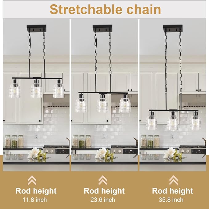 FRIXCHUR Black Kitchen Island Lighting, 3-Light Linear Chandelier with Clear Glass Shades, Modern Pendant Light for Dining Room & Kitchen, Adjustable Height, E26 Bulb Compatible, Metal in Black