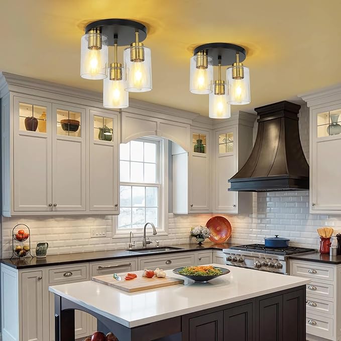 Black Flush Mount Ceiling Light Farmhouse Semi Flush Mount Ceiling Light Fixture with Seeded Glass Shades, 3-Light Black Gold Ceiling Light for Kitchen Hallway Foyer