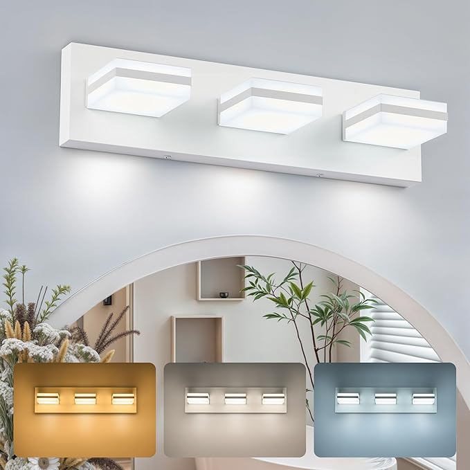 VONLUCE Bathroom Vanity Light Fixture, 3-Light Modern LED Vanity Lights, 3CCT Adjustable Bathroom Light with Memory Function Rotatable Shades, 18" Wall Lighting Fixture Over Mirror, Matte White