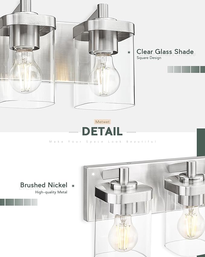 Bathroom Light Fixtures, 4-Light Vanity Light with Square Clear Glass Shade, 25" Brushed Nickel Modern Wall Sconces, Vanity Lighting Fixtures Over Mirror, VL194-BN-4