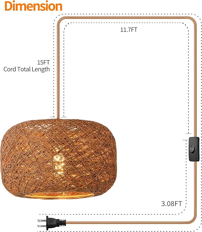 Plug in Pendant Light with Woven Rattan Lampshade, 12” Boho Hanging Lamp with 15FT Cord & On/Off Switch, E26 Socket, Ceiling Hook Installation for Bedroom Living Room Dining Nook Apartment
