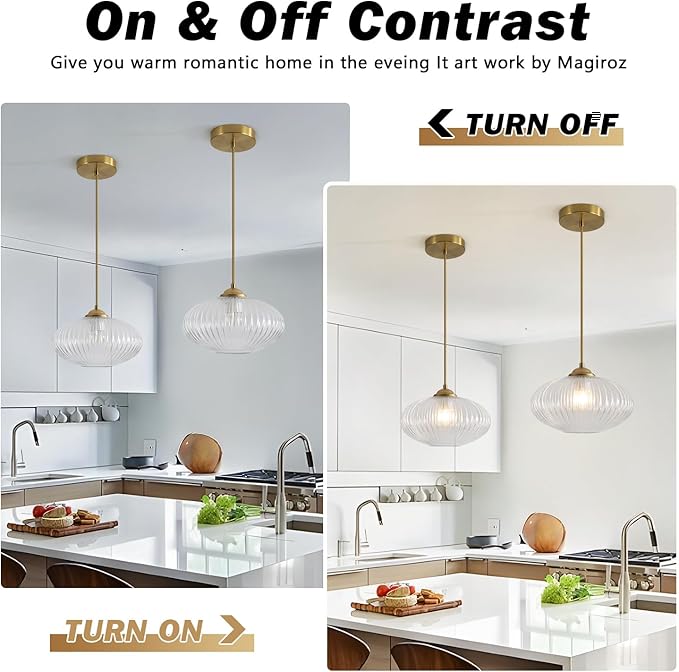 Mid Century Clear Glass Pendant Lights Kitchen Island Modern Brushed Gold Hanging Light Fixture Vintage 1 Light Single Indoor Round Pendant Lighting Adjustable Globe Hanging Lamps MPL30-D