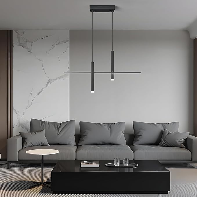 Modern LED Linear Pendant Light with Dual Spotlights Dimmable 6000K Pendant Lights Kitchen Island Ceiling Hanging Black Chandeliers for Dining Room Table Kitchen Living Room Bedroom(L31.5in)