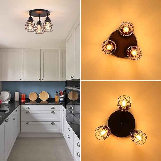 Kitchen Light Fixtures Ceiling Mount, Adjustable Semi Flush Mount Ceiling Light, Multi-Directional Lamp for Kitchen, Hallway, Dining Room, Farmhouse with E26 Base (Black)