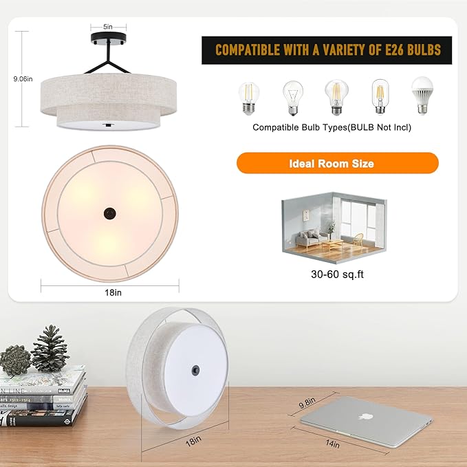 Semi Flush Mount Ceiling Light, 18" Black Drum Ceiling Light Fixture, 3-Light with 2-Tier Beige Linen Fabric Shade, Modern Farmhouse Close to Ceiling Light for Bedroom, Kitchen, Entryway