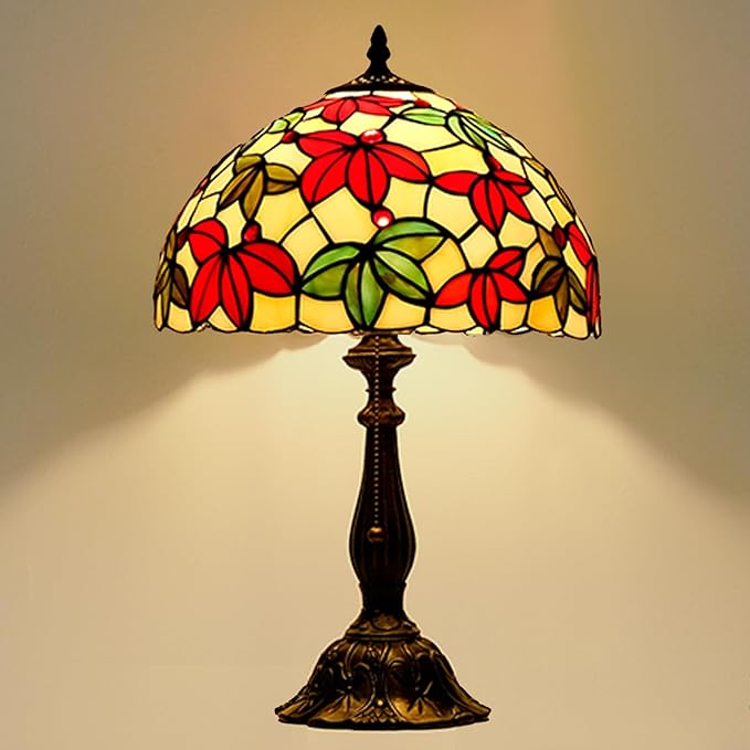 Tiffany Style Stained Glass Table Lamp, Maple Leaf Desk Light with Antique Bronze Resin Base, Multicolor Reading Lighting for Bedroom, Living Room, Office 12”X12“X19 (Maple-White)