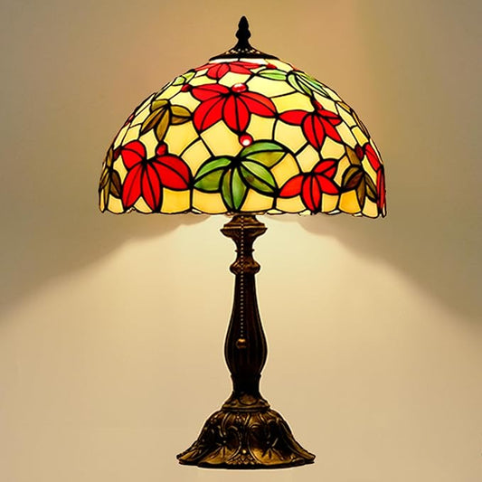 Tiffany Style Stained Glass Table Lamp, Maple Leaf Desk Light with Antique Bronze Resin Base, Multicolor Reading Lighting for Bedroom, Living Room, Office 12”X12“X19 (Maple-White)